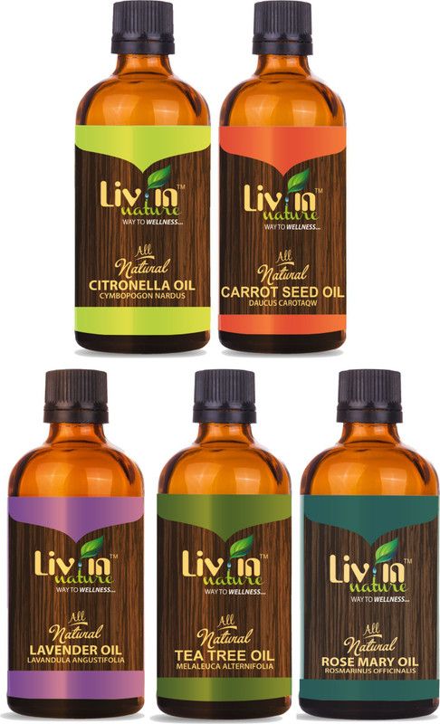 LIV IN NATURE Set of 5 Essentials Oils - Citronella, Teatree, Lavender, Rosemary, Carrotseed (50ml each)  (250 ml)