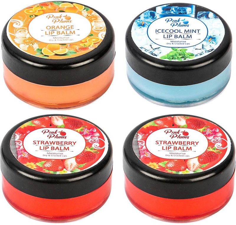 PINK PLUMS Lip Balm for Moisturise Dry & Cracked Lips, Orange, Icecool mint, Strawberry, Strawberry Combo Offer (Pack-4), Each 10g LBM355 Orange, Icecool mint, Strawberry, Strawberry  (Pack of: 4, 40 g)