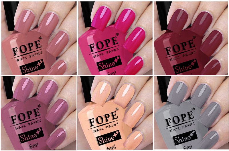 FOPE Long Shine Glossy Nail polish set-2-16Tan,Nude,Light Grey Pinkish Nude,Dark Pink,Brown,Tan,Nude,Light Grey  (Pack of 6)