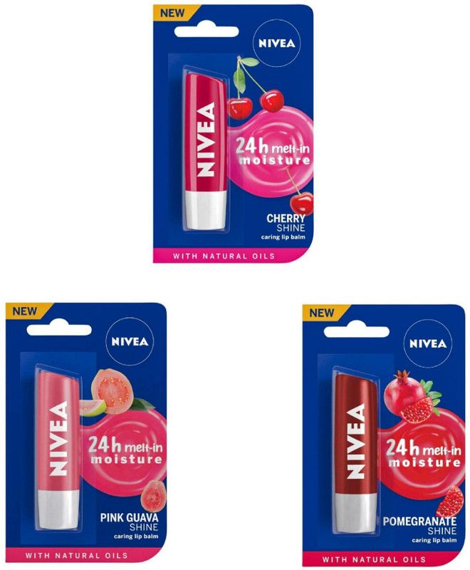 NIVEA Shine Caring Lip Balm #16 Cherry Shine, Pink Guava Shine, Pomegranate Shine  (Pack of: 3, 14.4 g)