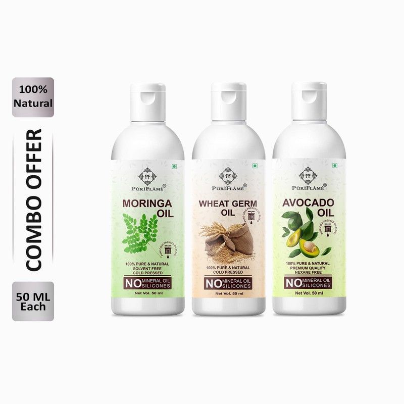 PuriFlame 100% Pure Moringa Oil 50ML & Wheat Germ Oil 50ML & Avocado Oil 50ML Combo For Rapid Hair Growth, Anti Hair Fall, Split Ends & Promotes Softer & Shinier Hair (Pack Of 3) Hair Oil  (150 ml)