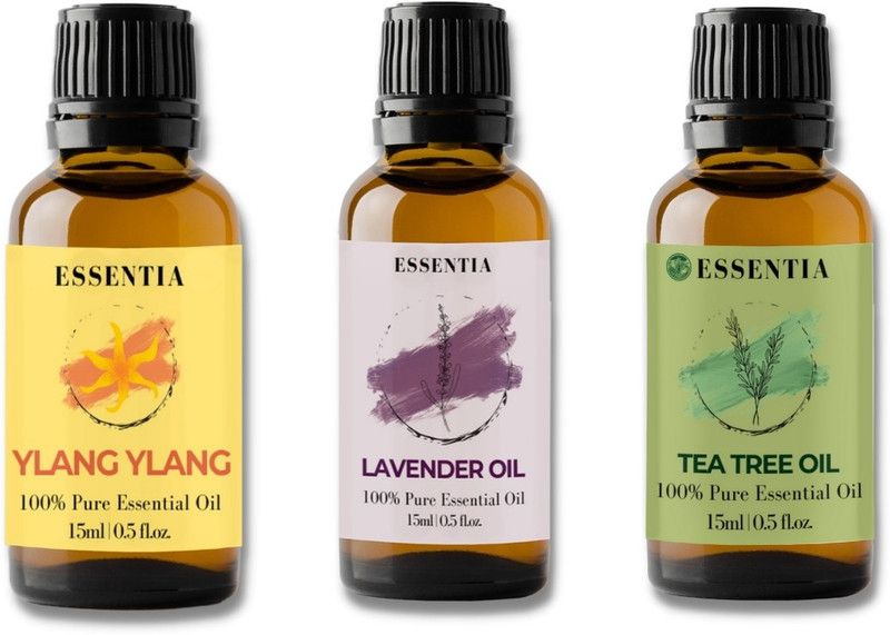 ESSENTIA EXTRACTS Combo of Lavender, Tea Tree and Ylang Ylang Essential Oil, 100% Natural & Pure, for Hair, Skin, Face, Relaxing Sleep, Aroma Diffusers and Aromatherapy, Undiluted, Therapeutic Grade (15ML+15ML+15ML) (Pack of 3)  (45 ml)