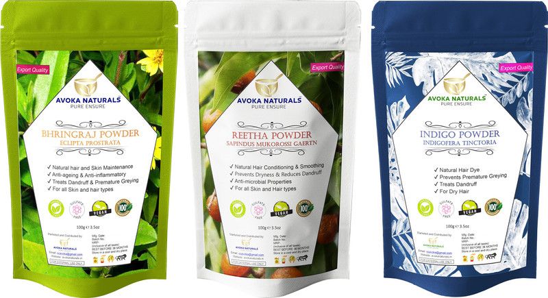Avoka Naturals Bhringraj and Reetha and Indigo powder for Complete Hair and Skin Care Treatment (100g X Pack of 3)  (300 g)