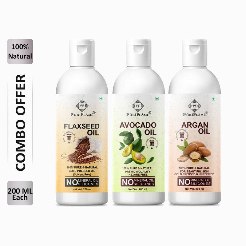 PuriFlame 100% Pure Flaxseed Oil 200ML & Avocado Oil 200ML & Argan Oil 200ML Combo For Rapid Hair Growth, Anti Hair Fall, Split Ends & Promotes Softer & Shinier Hair (Pack Of 3) Hair Oil  (600 ml)