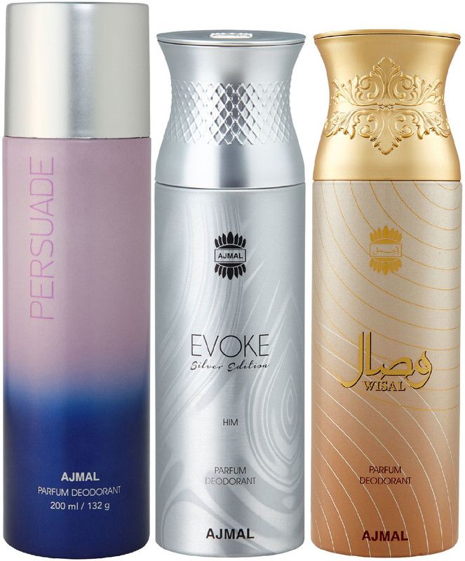 Ajmal Persuade, Evoke Silver Edition and Wisal for Men & Women Deodorants each 200ML Deodorant Spray - For Men & Women  (600 ml, Pack of 3)