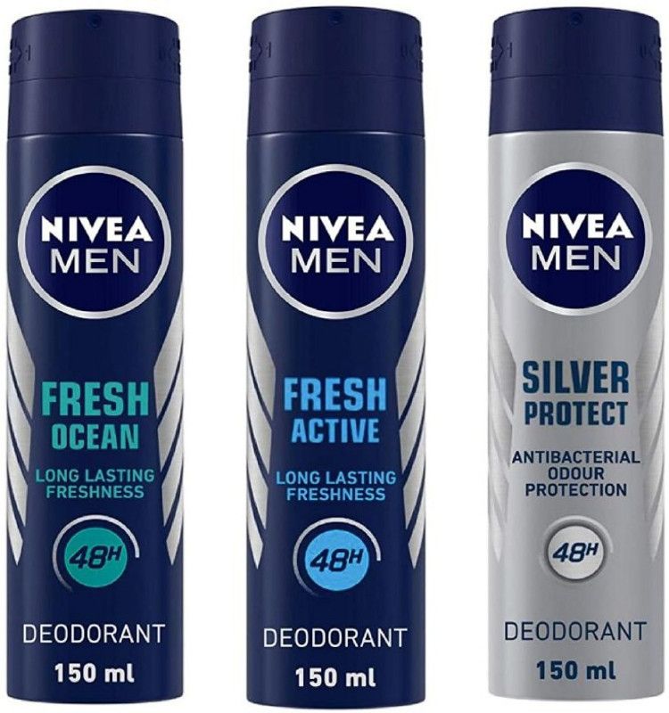 NIVEA Fresh Ocean Deo 150 ml , Fresh Active Deo 150 ml , Silver Protect Deo 150 ml (Pack of 3) # 169 Deodorant Spray - For Men  (450 ml, Pack of 3)