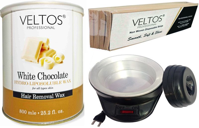 Veltos Professional White Chocolate Hydro Liposoluble Body Wax 800ml for Hair removal | Pack of Non-woven Waxing Strips | Portable Waxing Heater for Wax ( Waxing combo kit ) Wax  (800 g, Set of 3)