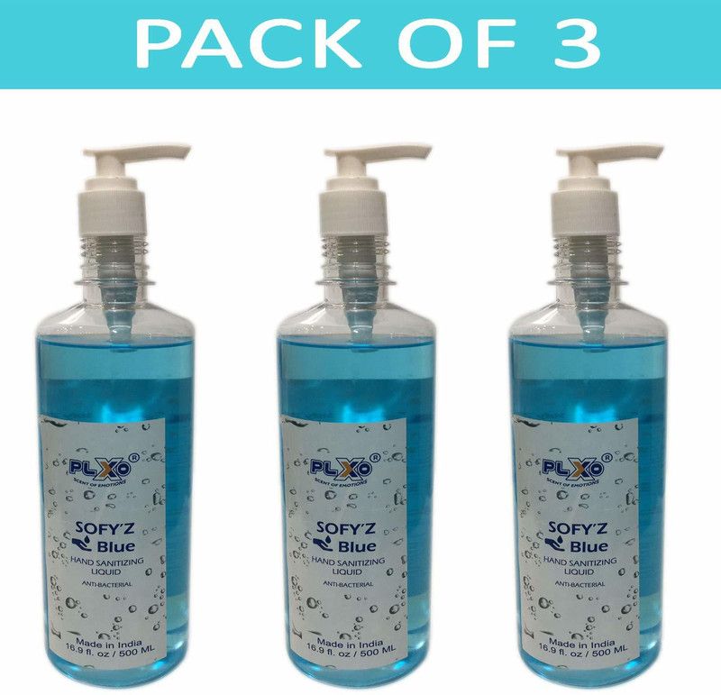 plxo Sofy'z Liquid 500 ML, 80% Extra Neutral Alcohol denatured Ethanol, Alcohol Based Bottle with Push Pump, Pack of 3 Hand Sanitizer Pump Dispenser  (3 x 500 ml)
