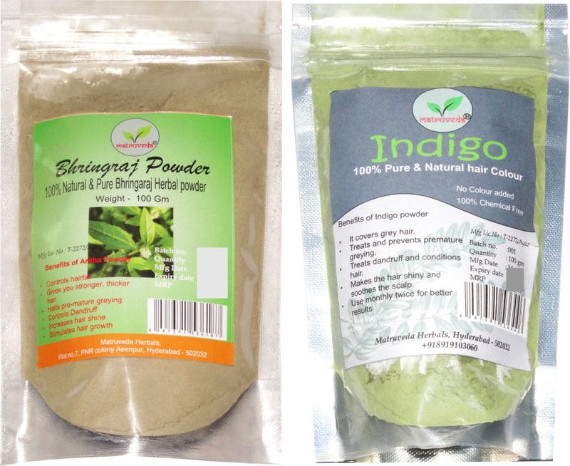 matruveda 100% Pure & Natural Bhringraj & Indigo Powder (Pack of 2) Each 100gm  (200 g)