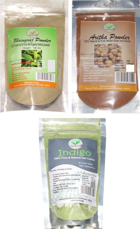 matruveda 100% Pure & Natural Bhringraj, Aritha & Indigo Powder (Pack of 3) Each 100gm  (300 g)