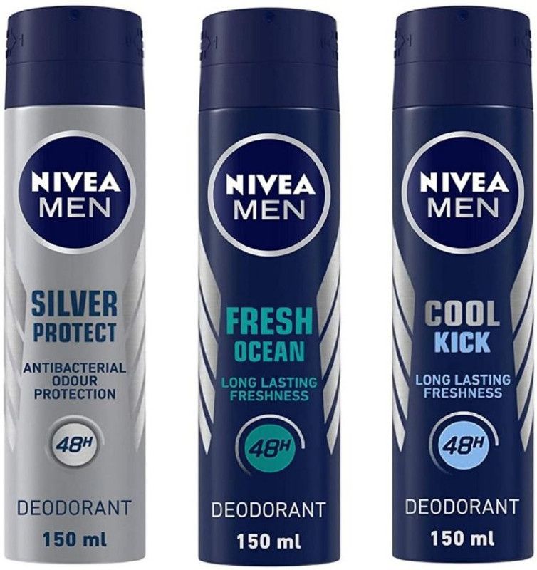 NIVEA Silver Protect Deo 150 ml , Fresh Ocean Deo 150 ml , Cool Kick Deo 150 ml (Pack of 3) # 20 Deodorant Spray - For Men & Women  (450 ml, Pack of 3)