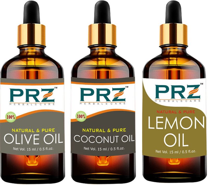 PRZ Combo of Extra Virgin Coconut Oil, Extra Virgin Olive Carrier Oil & Lemon Essential Oil (Each 15ml - Pure Natural For Aromatherapy Body Massage, Skin Care & Hair ReGrowth  (15 ml)