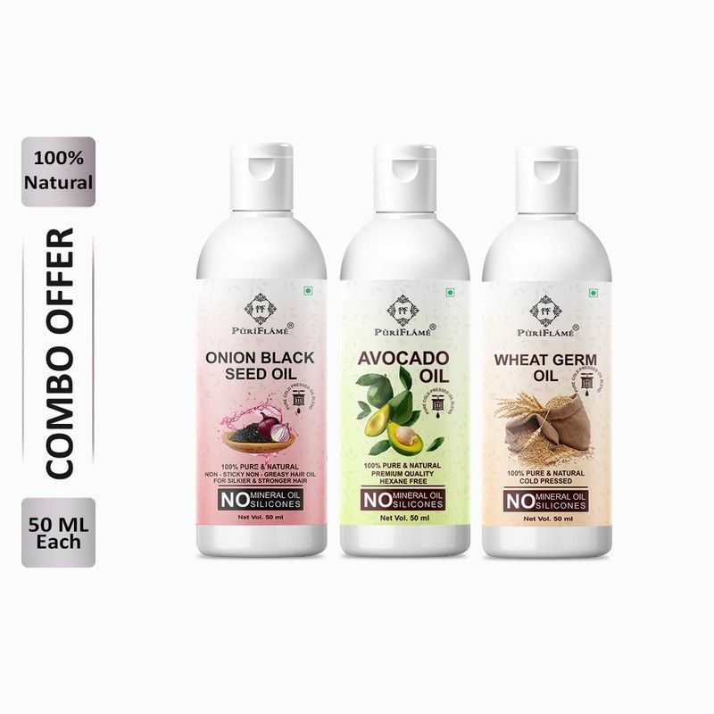 PuriFlame 100% Pure Onionblackseed Oil 50ML & Avocado Oil 50ML & Wheat Germ Oil 50ML Combo For Rapid Hair Growth, Anti Hair Fall, Split Ends & Promotes Softer & Shinier Hair (Pack Of 3) Hair Oil  (150 ml)