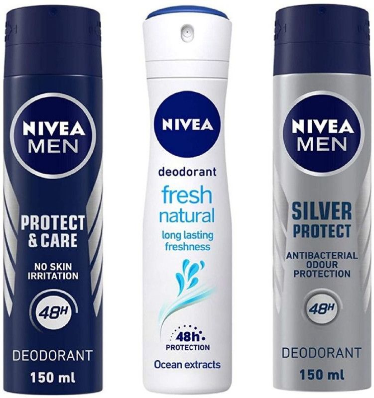 NIVEA Men Protect & Care Deo 150 ml ,Fresh Natural Deo 150 ml , Silver Protect Deo 150 ml (Pack of 3) # 91 Deodorant Spray - For Men & Women  (450 ml, Pack of 3)
