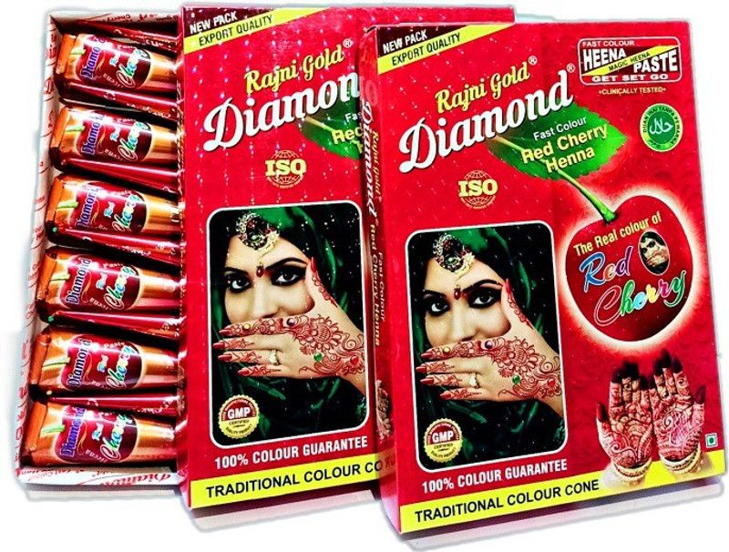 Rajni gold Diamond mehandhi cone (fast red colour), red cherry henna past(COMBO pack of 2 boxes) Natural Mehendi  (Pack of 2)