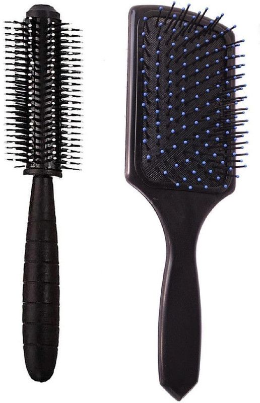 E-DUNIA Best Combo of Cushion Paddle Hair Brush and Round Hair Comb Brush with Soft Nylon Bristles for Women and Men