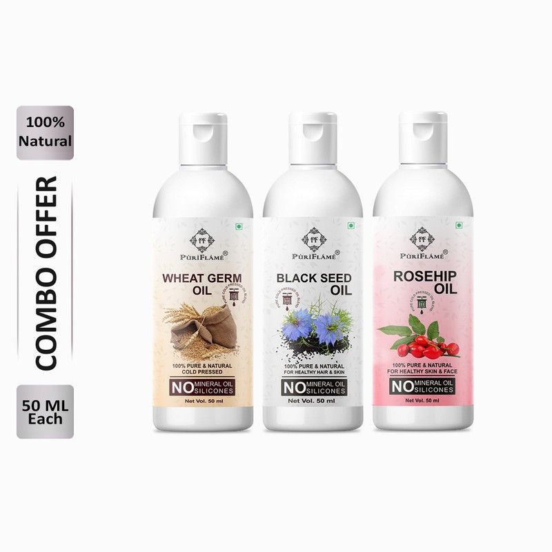 PuriFlame 100% Pure Wheat Germ Oil 50ML & Blackseed Oil 50ML & Rosehip Oil 50ML Combo Hair Oil  (150 ml)