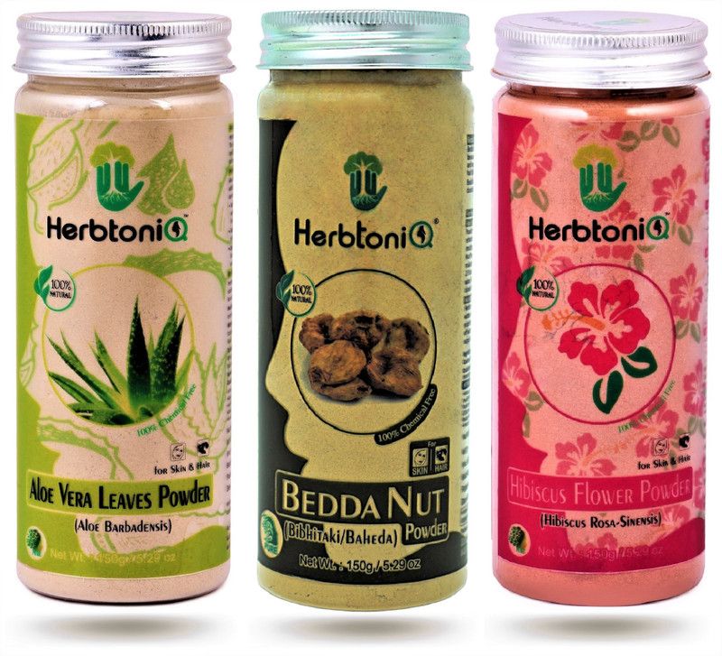 HerbtoniQ 100% Natural Aloe Vera Leaves, Bedda Nut and Hibiscus Flower Powder For Hair Pack and Face Pack  (450 g)