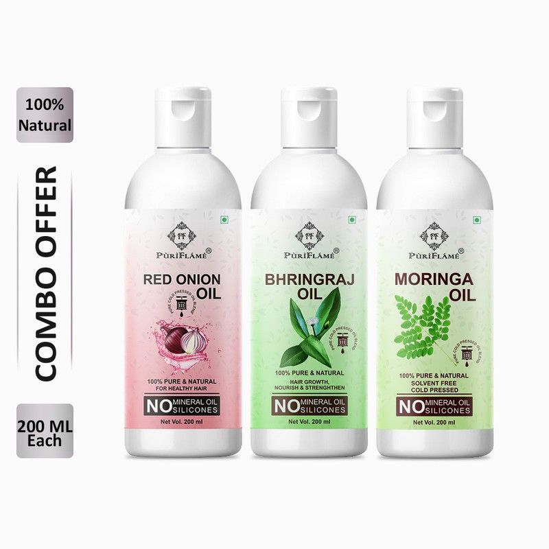 PuriFlame 100% Pure Red Onion Oil 200ML & Bhringraj Oil 200ML & Moringa Oil 200ML Combo Hair Oil  (600 ml)