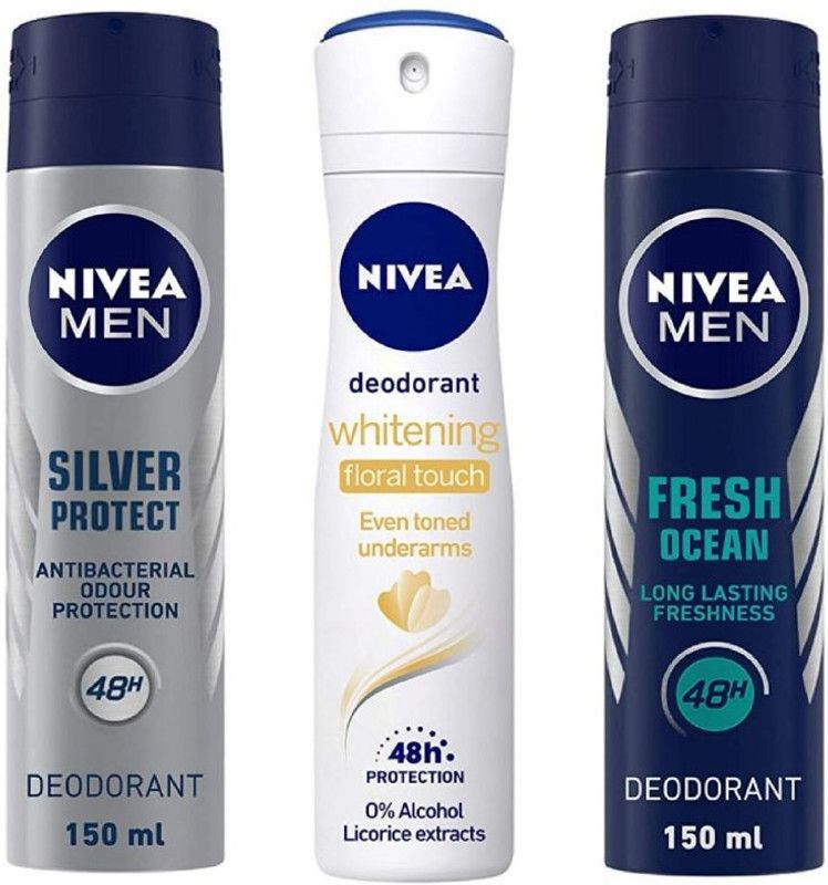 NIVEA Silver Protect Deo 150 ml , Whitening Floral Touch Deo 150 Ml , Fresh Ocean Deo 150 ml (Pack of 3) # 199 Deodorant Spray - For Men & Women  (450 ml, Pack of 3)