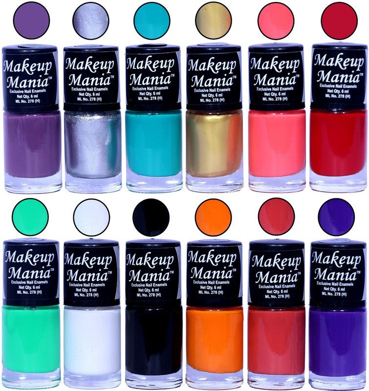 Makeup Mania HD Color Nail Polish Set of 12 Pcs (Combo MM-145) Purple, Silver, Turqoise, Golden, Bright Pink, Red, Sea Green, White Base, Black, Light Orange, Coral Red, Blue  (Pack of 12)
