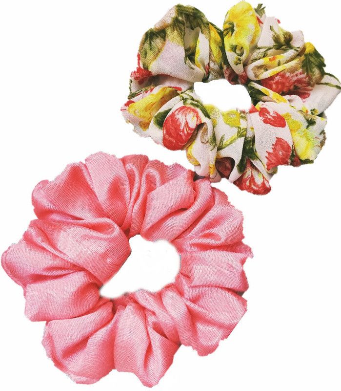 IBDA Graceful Floral Duet Of Solid Colour Scrunchies, Hair Tie, Handmade,Head Accessories (Adjustable Size) Pack of 02. Rubber Band  (Pink, Multicolor)