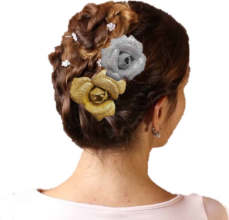 Proplady Wedding Hair Combo (Set of 2) Stylish Embellished Golden & Silver Glittering Flower Hair Clip, Pin,Hair Brooch for Girls and Women Bun Clip  (Gold, Silver)