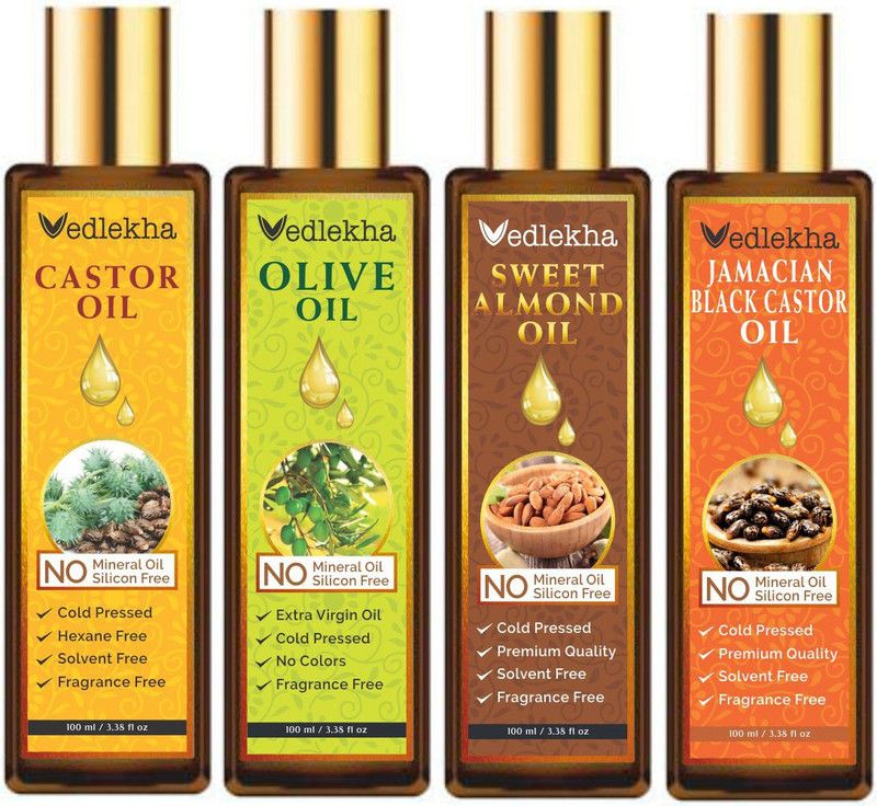 Vedlekha 100% Pure & Natural Castor & Extra Virgin Olive Oil & Sweet Almond Oil & Jamacian Black Castor Oil-100ml-Packof-4-Bottle- Hair Oil  (400 ml)