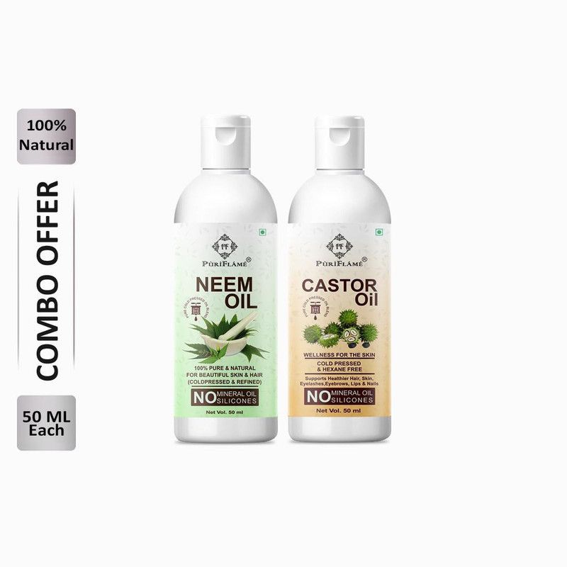 PuriFlame 100% Pure Neem Oil 50ML & Castor Oil 50ML Combo For Rapid Hair Growth, Anti Hair Fall, Split Ends & Promotes Softer & Shinier Hair (Pack Of 2) Hair Oil  (100 ml)