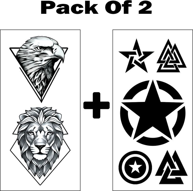 fashionoid Black Greek Stars & Lion Eagle Combo Pack Of 2 Waterproof Temporary Tattoo  (Black Greek Star & Eagle Lion)