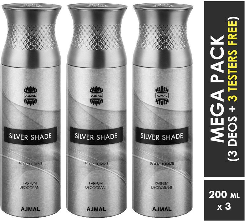 Ajmal Silver Shade Deodorant Spray + 3 Testers Deodorant Spray - For Men  (600 ml, Pack of 3)