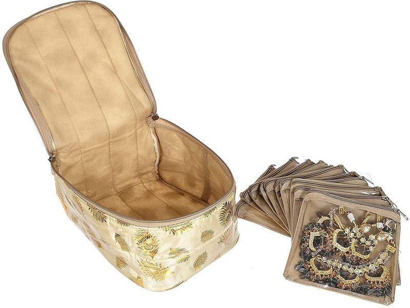 Home Store India 10 Pouches Brocade Design Jewelry Organizer | Jewelry Storage Bags for Necklace, Earrings, Rings, Bracelet (Pack Of 1) Vanity Box  (Golden)