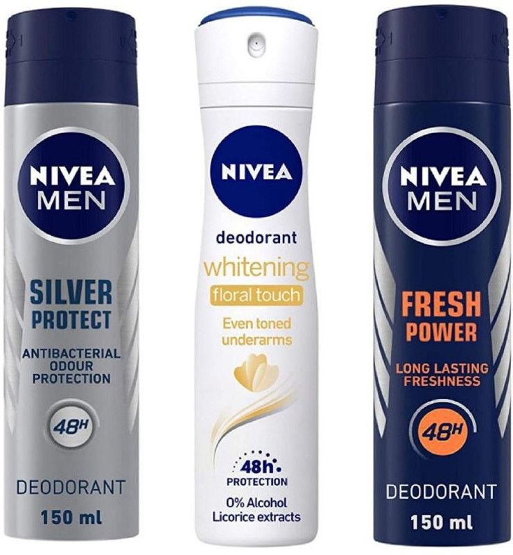 NIVEA Silver Protect Deo 150 ml , Whitening Floral Touch Deo 150 Ml , Fresh Power Deo 150 ml (Pack of 3) # 201 Deodorant Spray - For Men & Women  (450 ml, Pack of 3)