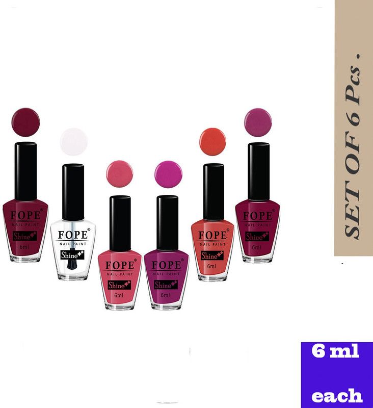 FOPE Long Shine Glossy Nail polish set-3-5Wine Red,Extra Shine Top Coat,Pink Peach Wine,Royal Magenta,Dark Peach,Wine Red,Extra Shine Top Coat,Pink Peach  (Pack of 6)