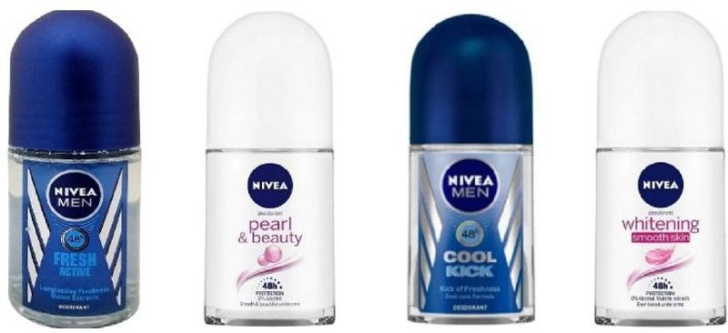 NIVEA Fresh Active , Pearl & Beauty , Cool Kick , Whitening Smooth Skin 25 Ml Each Deodorant Roll-on - For Women  (100 ml, Pack of 4)