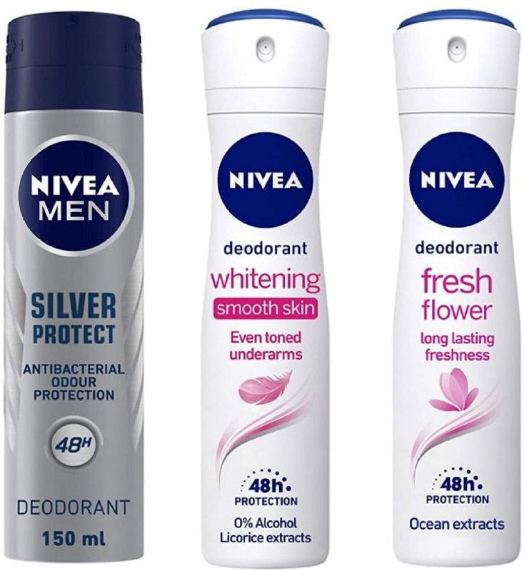 NIVEA Silver Protect Deo 150 ml , Whitening Smooth Skin Deo 150 Ml , Fresh Flower Deo 150 ml (Pack of 3) # 163 Deodorant Spray - For Men & Women  (450 ml, Pack of 3)