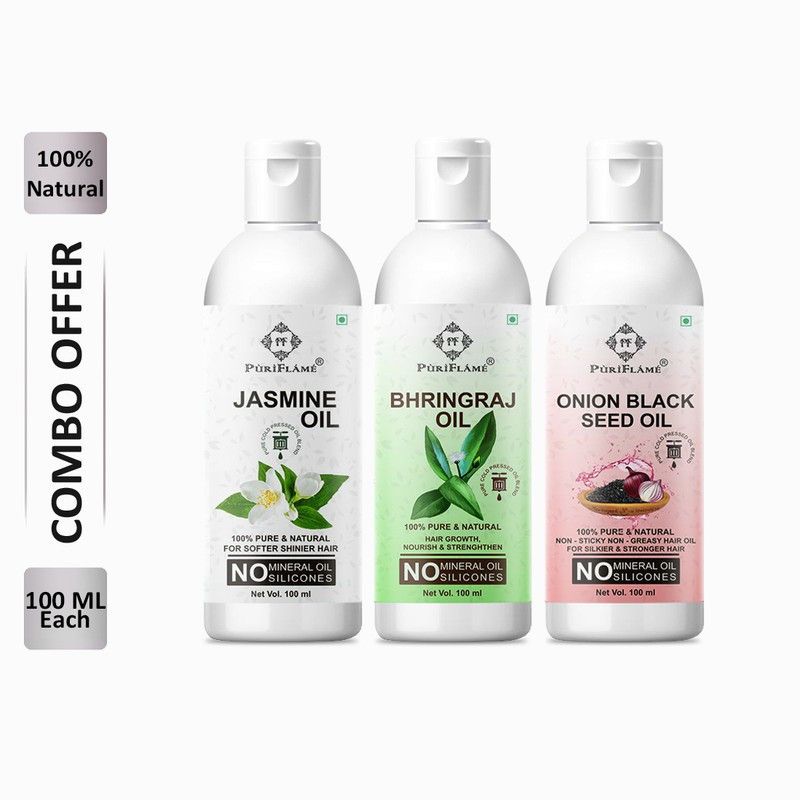 PuriFlame 100% Pure Jasmine Oil 100ML & Bhringraj Oil 100ML & Onionblackseed Oil 100 ML Combo For Rapid Hair Growth, Anti Hair Fall, Split Ends & Promotes Softer & Shinier Hair (Pack Of 3) Hair Oil  (300 ml)