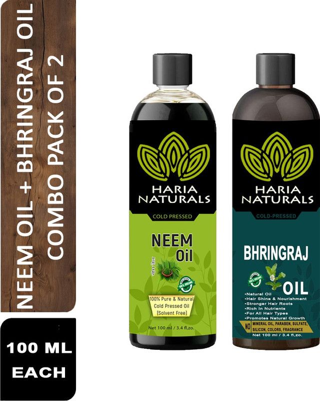 Haria Naturals 100% Cold Pressed Neem Oil & Bhringraj Hair Growth Oil 100 ml Hair Oil (Combo Pack of 2 Bottles) 200 ml Hair Oil  (200 ml)