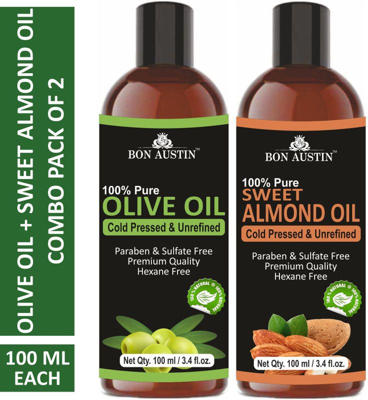 Bon Austin 100% Pure & Natural Olive Oil & Sweet Almond Oil Combo pack of 2 bottles of 100 ml(200 ml) Hair Oil  (200 ml)