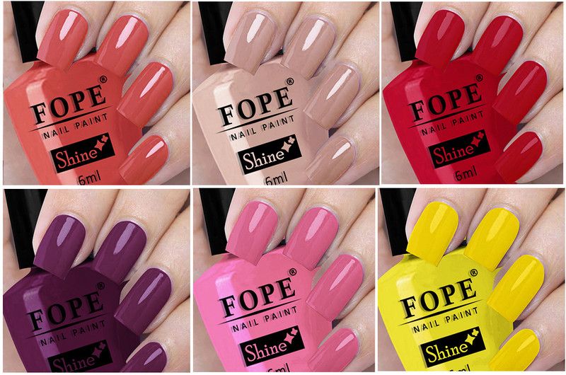 FOPE Long Shine Glossy Nail polish set-4-9Dark Wine,Light Pink,Yellow Neon Peach,Nude,Red,Dark Wine,Light Pink,Yellow  (Pack of 6)
