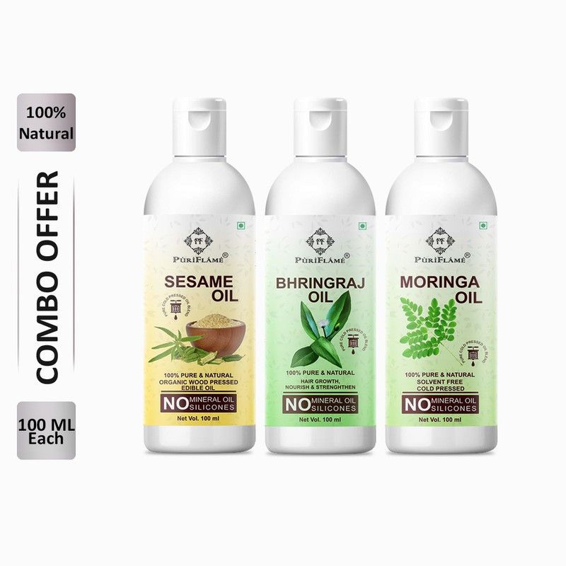 PuriFlame 100% Pure Sesame Oil 100ML & Bhringraj Oil 100ML & Moringa Oil 100ML Combo For Rapid Hair Growth, Anti Hair Fall, Split Ends & Promotes Softer & Shinier Hair (Pack Of 3) Hair Oil  (300 ml)