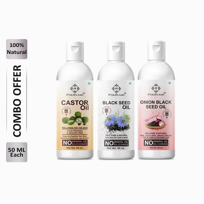 PuriFlame 100% Pure Castor Oil 50ML & Blackseed Oil 50ML & Onionblackseed Oil 50 ML Combo For Rapid Hair Growth, Anti Hair Fall, Split Ends & Promotes Softer & Shinier Hair (Pack Of 3) Hair Oil  (150 ml)