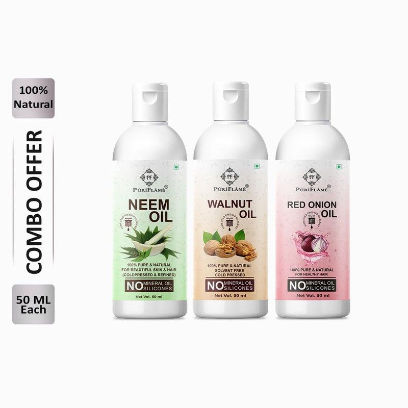 PuriFlame 100% Pure Neem Oil 50ML & Walnut Oil 50ML & Red Onion Oil 50ML Combo For Rapid Hair Growth, Anti Hair Fall, Split Ends & Promotes Softer & Shinier Hair (Pack Of 3) Hair Oil  (150 ml)