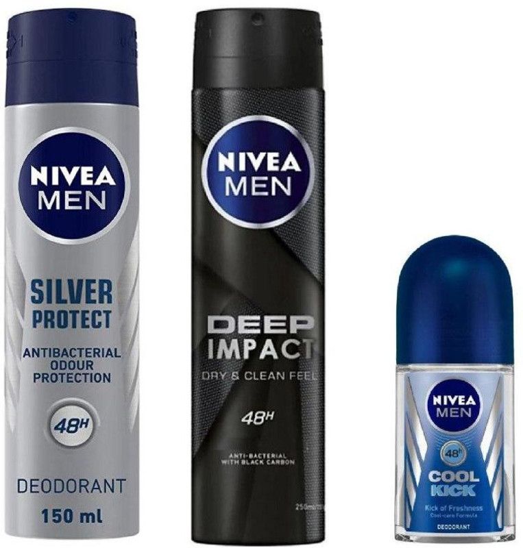 NIVEA Silver Protect Deo 150 Ml , Deep Impact Deo , Cool Kick Roll On 50Ml #152 Deodorant Spray - For Men & Women  (350 ml, Pack of 3)