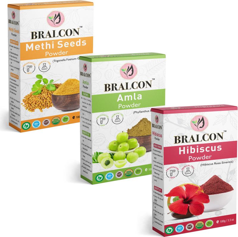 BRALCON Organic Methi/Fenugreek Powder, Amla Powder, Hibiscus Powder Combo- (100g x 3) |  (300 g)