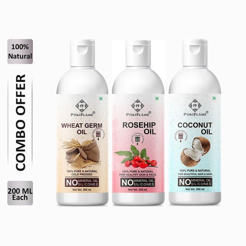 PuriFlame 100% Pure Wheat Germ Oil 200ML & Rosehip Oil 200ML & Coconut Oil 200ML Combo For Rapid Hair Growth, Anti Hair Fall, Split Ends & Promotes Softer & Shinier Hair (Pack Of 3) Hair Oil  (600 ml)