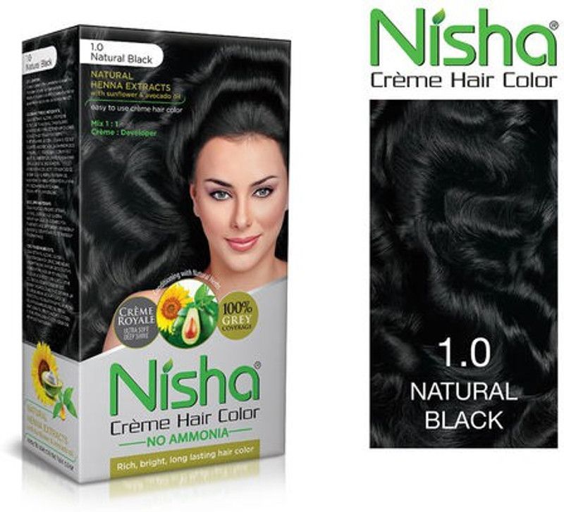NISHA cream hair color , Rich, Bright, Long lasting Hair color Natural Henna Extracts with Sunflower & Avocado Oil , 1.0 NATURAL BLACK