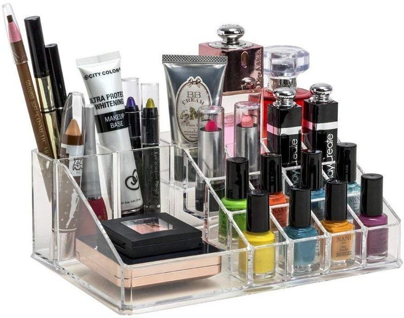 Wishbone 16 Compartment Cosmetic Makeup Jewellery Lipstick Storage Organiser Holder Box, 22Lx13Wx8H Vanity Box  (Clear)