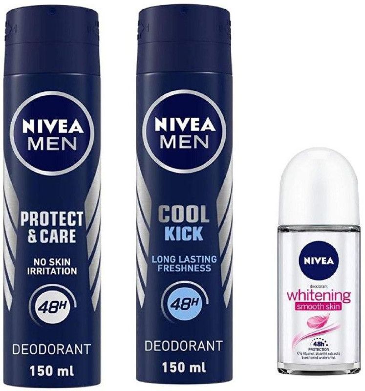 Nivea Protect & Care Deo ,Cool Kick Deo ,W Smooth Skin Roll On 50 Ml Deodorant Spray - For Men & Women  (350 ml, Pack of 3)