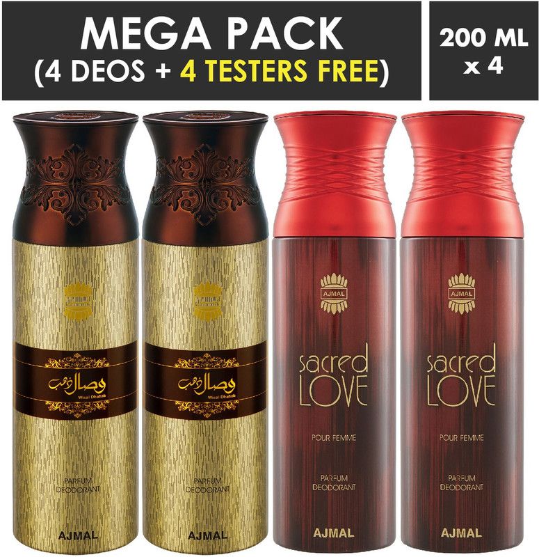 Ajmal Wisal Dhahab & Sacred Love Deodorant Spray + 4 Testers Deodorant Spray - For Men & Women  (200 ml, Pack of 4)